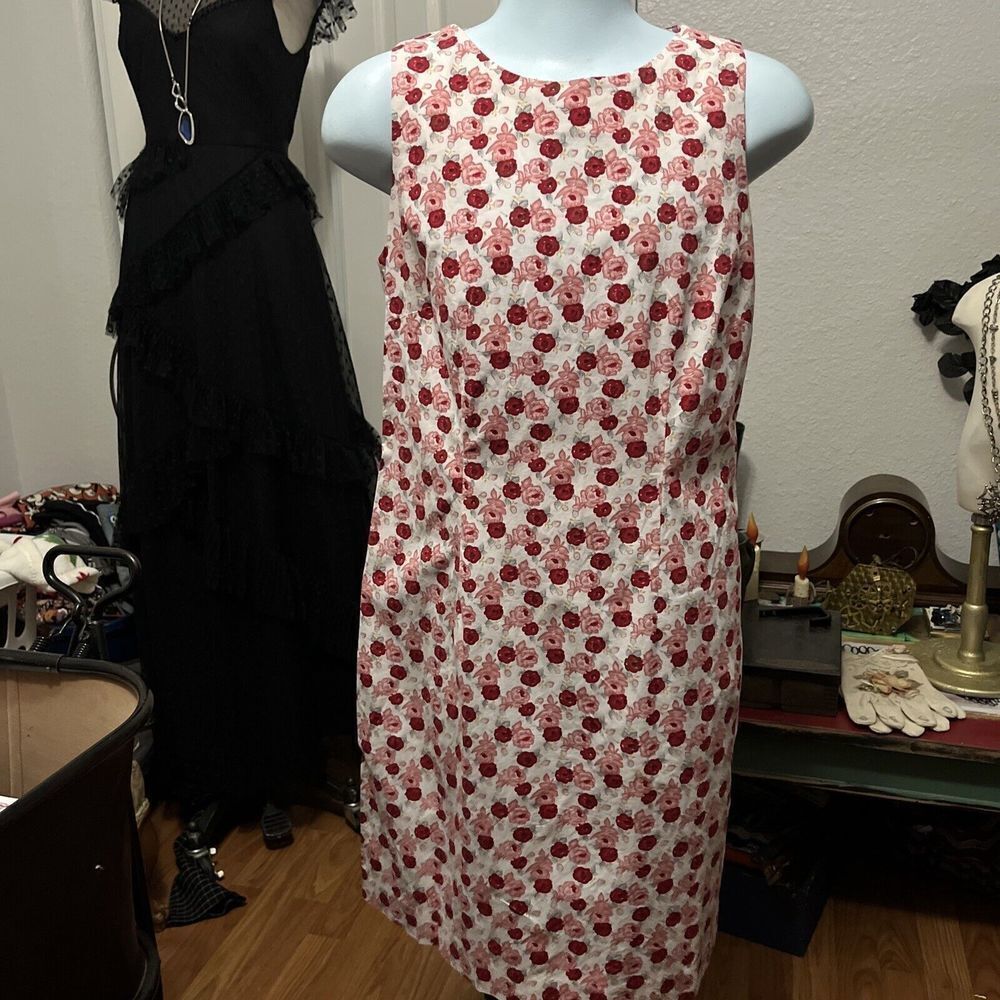 Herman Geist Red Pink Rose Floral Sleeveless Sheath Dress size 12